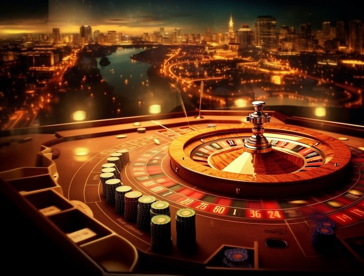 Meja casino dengan kartu dan chip lengkap di area permainan kasino modern
